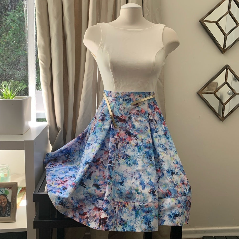 EVER New Melbourne Fit and Flare Dress Painted Style Design with Goldtone